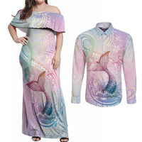 Hawaii Mermaid Sweet Pastel Couples Matching Off Shoulder Maxi Dress and Long Sleeve Button Shirt Polynesian Pattern Fish Hook