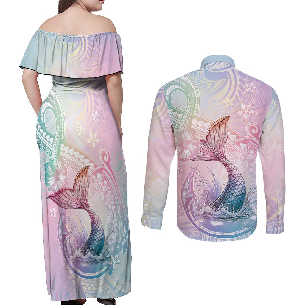 Hawaii Mermaid Sweet Pastel Couples Matching Off Shoulder Maxi Dress and Long Sleeve Button Shirt Polynesian Pattern Fish Hook