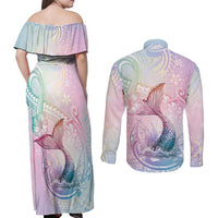 Hawaii Mermaid Sweet Pastel Couples Matching Off Shoulder Maxi Dress and Long Sleeve Button Shirt Polynesian Pattern Fish Hook