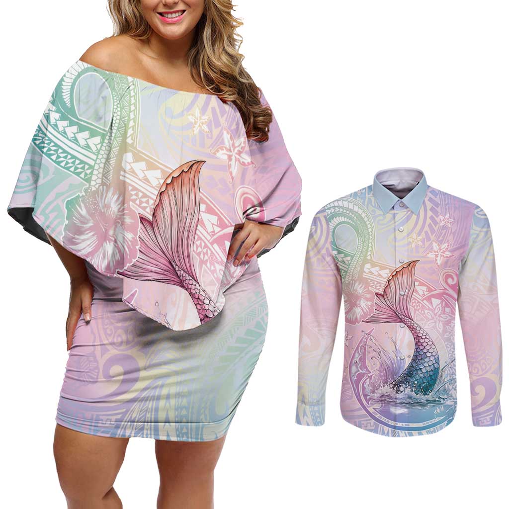 Hawaii Mermaid Sweet Pastel Couples Matching Off Shoulder Short Dress and Long Sleeve Button Shirt Polynesian Pattern Fish Hook LT01 Multicolor - Polynesian Pride