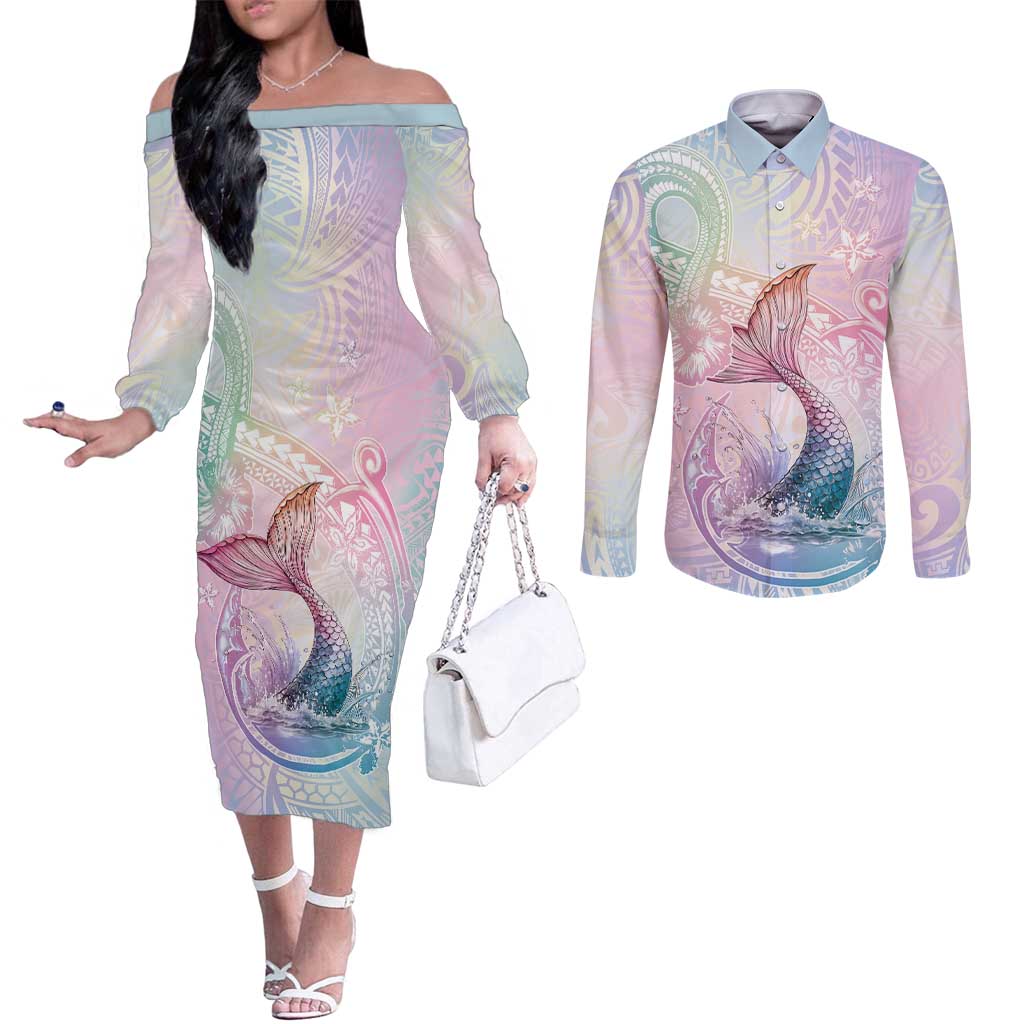 Hawaii Mermaid Sweet Pastel Couples Matching Off The Shoulder Long Sleeve Dress and Long Sleeve Button Shirt Polynesian Pattern Fish Hook