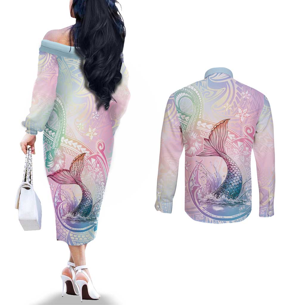 Hawaii Mermaid Sweet Pastel Couples Matching Off The Shoulder Long Sleeve Dress and Long Sleeve Button Shirt Polynesian Pattern Fish Hook