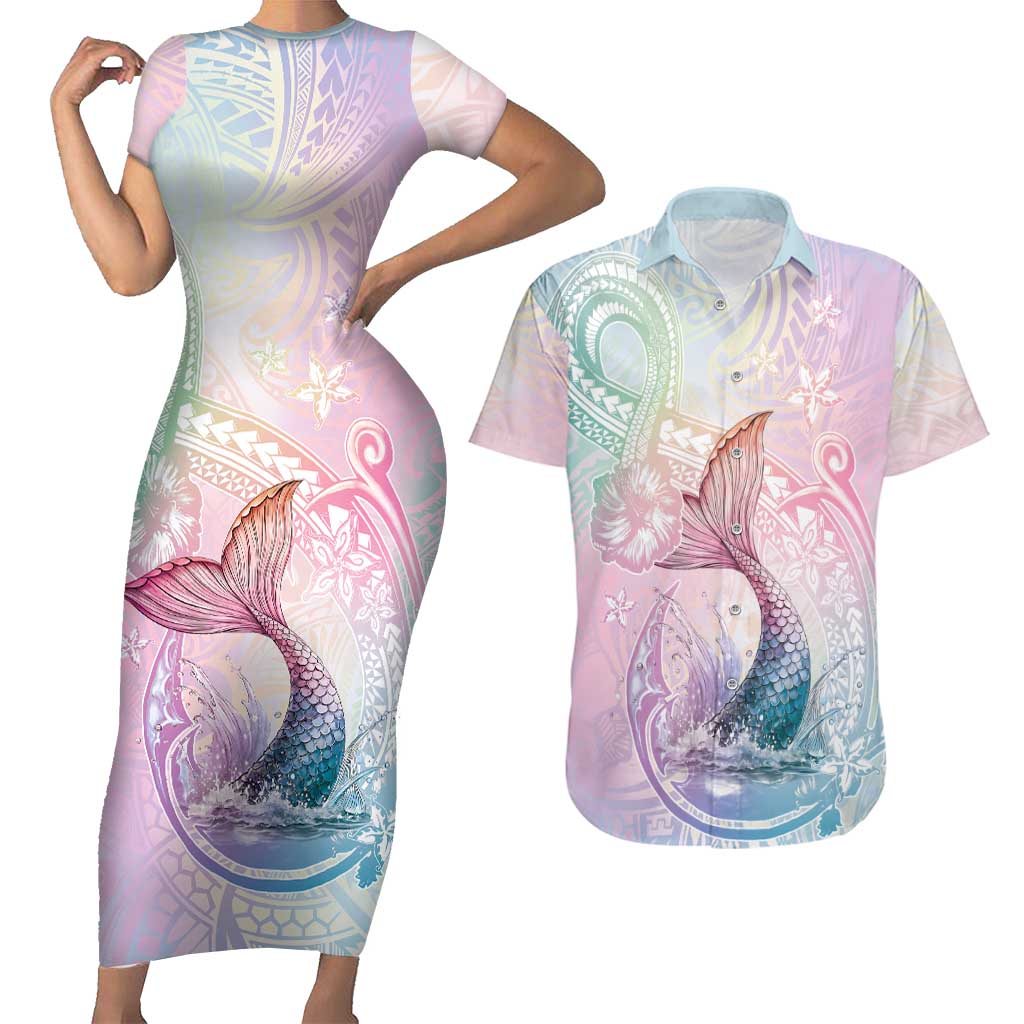 Hawaii Mermaid Sweet Pastel Couples Matching Short Sleeve Bodycon Dress and Hawaiian Shirt Polynesian Pattern Fish Hook LT01 Multicolor - Polynesian Pride