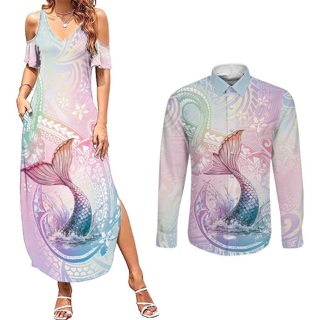 Hawaii Mermaid Sweet Pastel Couples Matching Summer Maxi Dress and Long Sleeve Button Shirt Polynesian Pattern Fish Hook