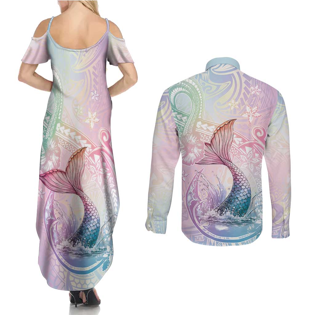 Hawaii Mermaid Sweet Pastel Couples Matching Summer Maxi Dress and Long Sleeve Button Shirt Polynesian Pattern Fish Hook