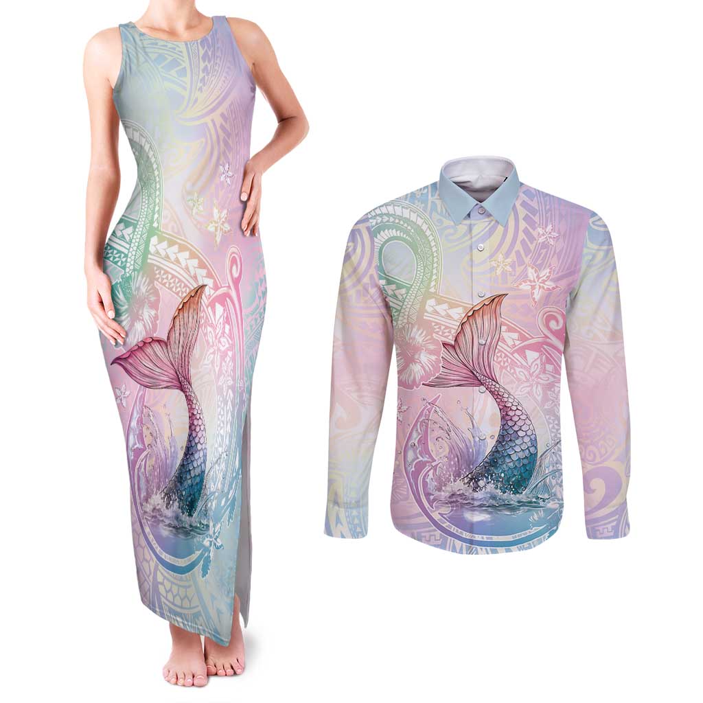 Hawaii Mermaid Sweet Pastel Couples Matching Tank Maxi Dress and Long Sleeve Button Shirt Polynesian Pattern Fish Hook LT01 Multicolor - Polynesian Pride