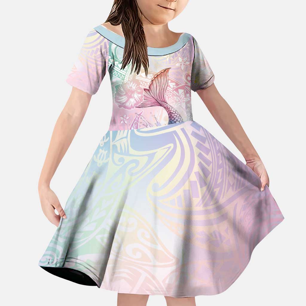 Hawaii Mermaid Sweet Pastel Family Matching Off The Shoulder Long Sleeve Dress and Hawaiian Shirt Polynesian Pattern Fish Hook LT01 Daughter's Dress Multicolor - Polynesian Pride