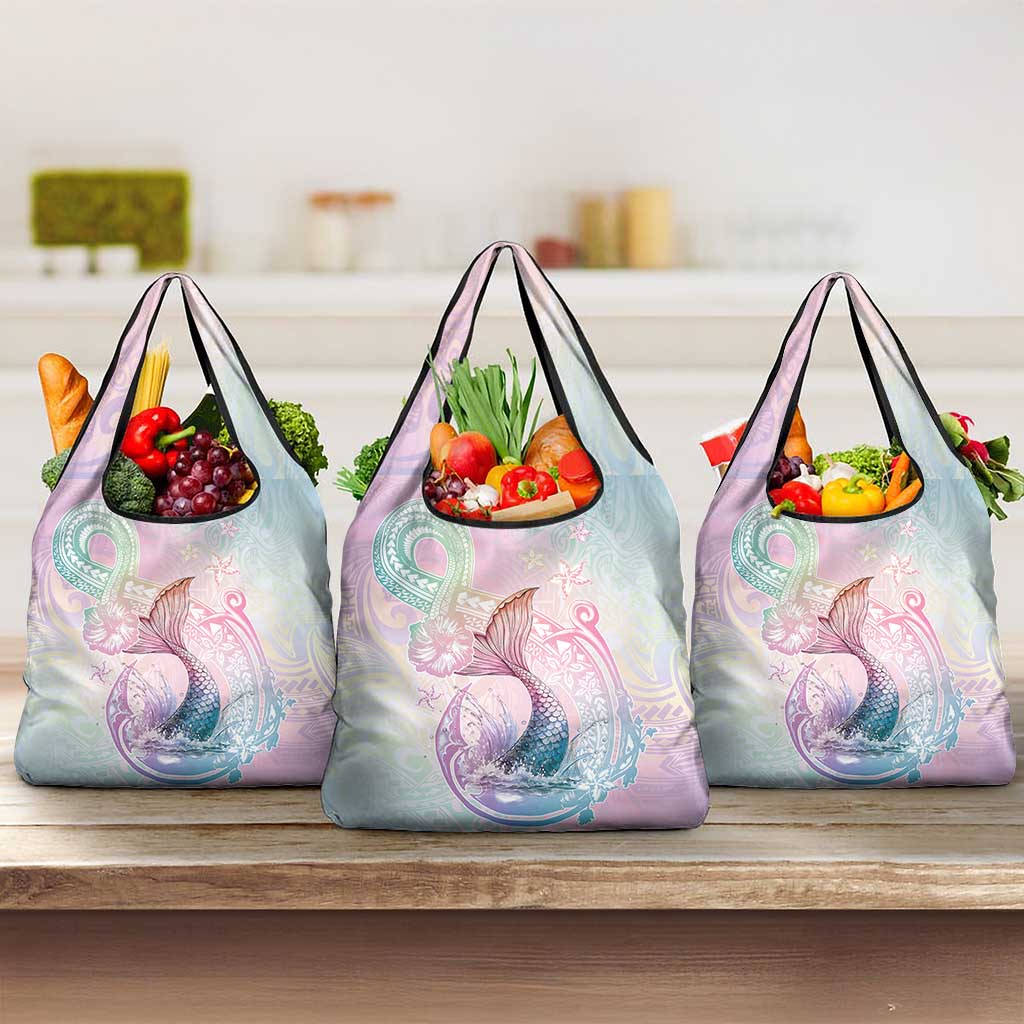 Hawaii Mermaid Sweet Pastel Grocery Bag Polynesian Pattern Fish Hook