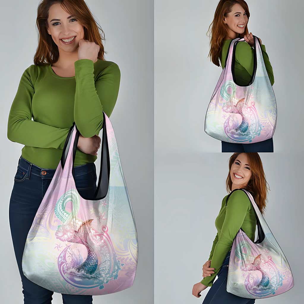 Hawaii Mermaid Sweet Pastel Grocery Bag Polynesian Pattern Fish Hook
