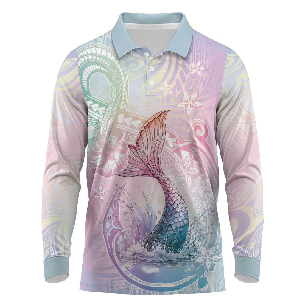 Hawaii Mermaid Sweet Pastel Long Sleeve Polo Shirt Polynesian Pattern Fish Hook LT01 Multicolor - Polynesian Pride