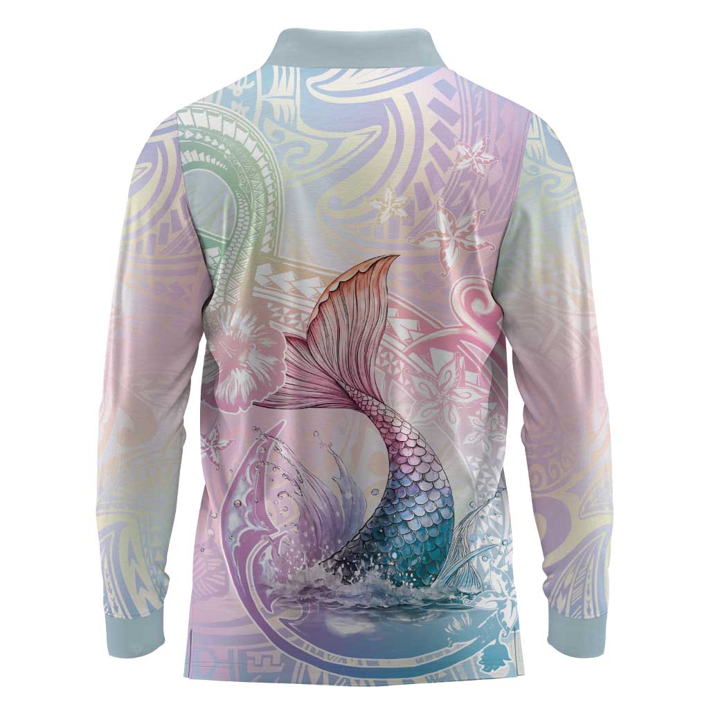 Hawaii Mermaid Sweet Pastel Long Sleeve Polo Shirt Polynesian Pattern Fish Hook LT01 - Polynesian Pride