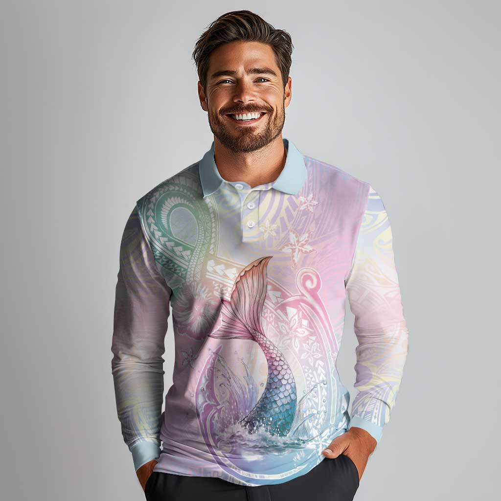 Hawaii Mermaid Sweet Pastel Long Sleeve Polo Shirt Polynesian Pattern Fish Hook LT01 - Polynesian Pride