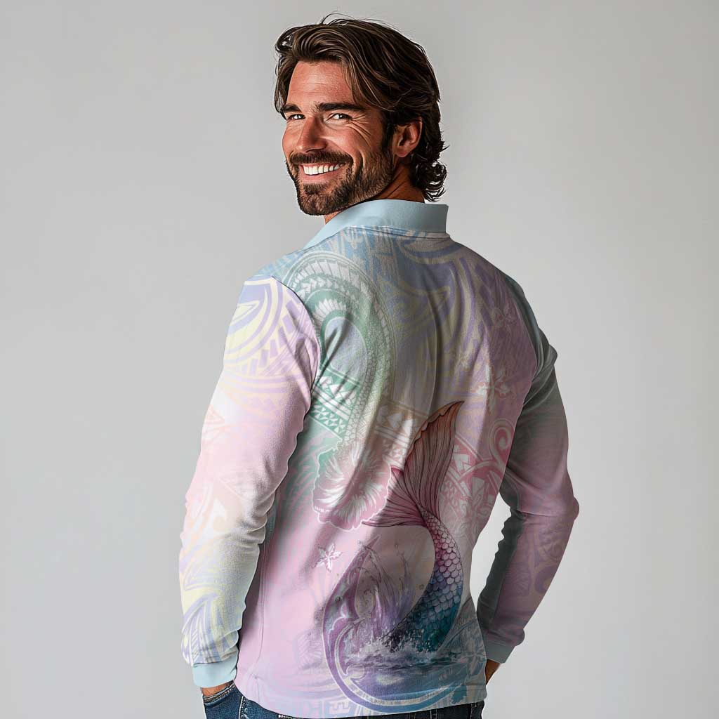 Hawaii Mermaid Sweet Pastel Long Sleeve Polo Shirt Polynesian Pattern Fish Hook LT01 - Polynesian Pride