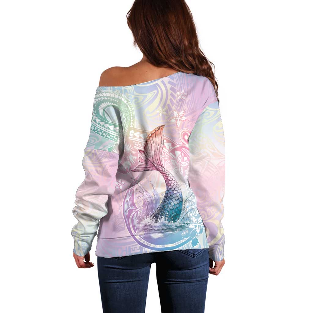 Hawaii Mermaid Sweet Pastel Off Shoulder Sweater Polynesian Pattern Fish Hook