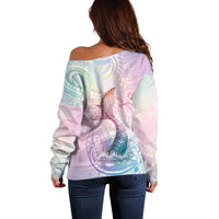 Hawaii Mermaid Sweet Pastel Off Shoulder Sweater Polynesian Pattern Fish Hook