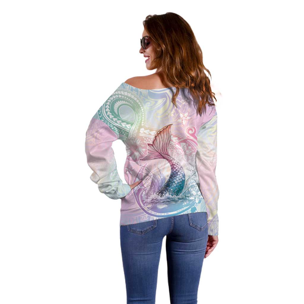 Hawaii Mermaid Sweet Pastel Off Shoulder Sweater Polynesian Pattern Fish Hook