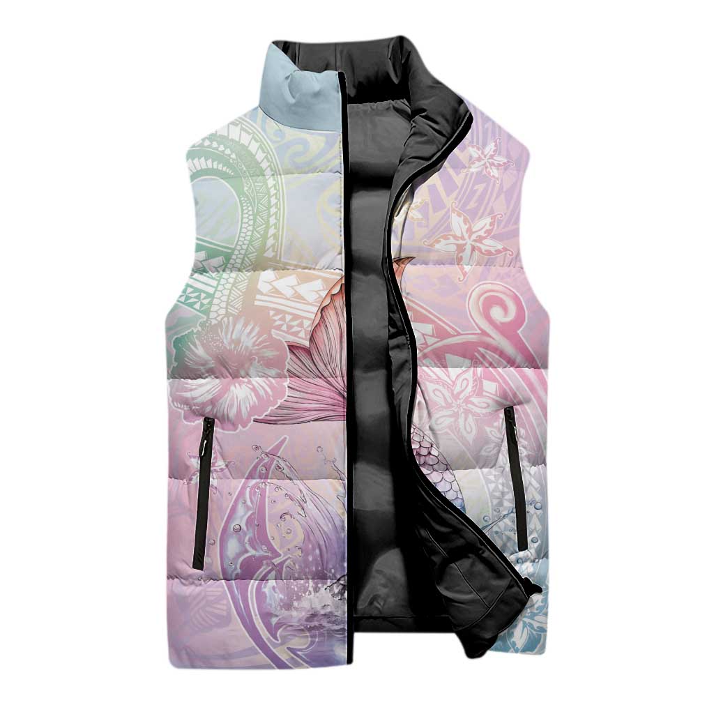 Hawaii Mermaid Sweet Pastel Sleeveless Puffer Jacket Polynesian Pattern Fish Hook