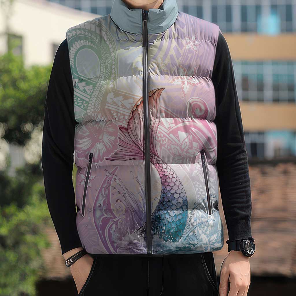 Hawaii Mermaid Sweet Pastel Sleeveless Puffer Jacket Polynesian Pattern Fish Hook