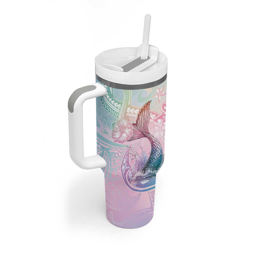 Hawaii Mermaid Sweet Pastel Tumbler With Handle Polynesian Pattern Fish Hook