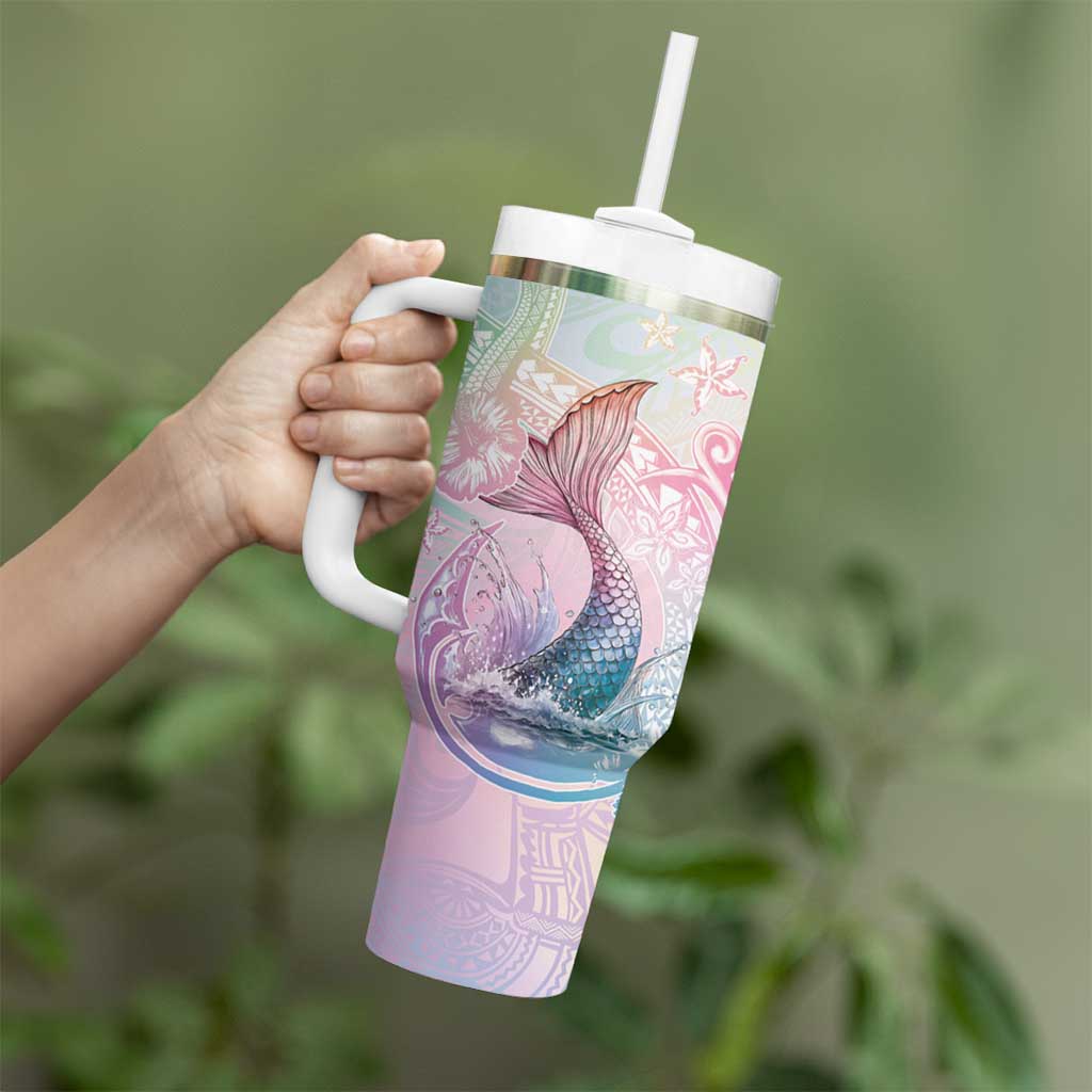 Hawaii Mermaid Sweet Pastel Tumbler With Handle Polynesian Pattern Fish Hook