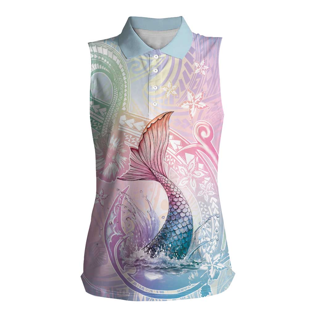 Hawaii Mermaid Sweet Pastel Women Sleeveless Polo Shirt Polynesian Pattern Fish Hook