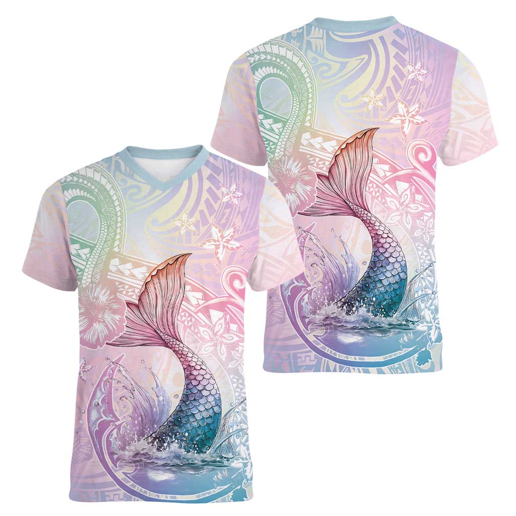 Hawaii Mermaid Sweet Pastel Women V-Neck T-Shirt Polynesian Pattern Fish Hook