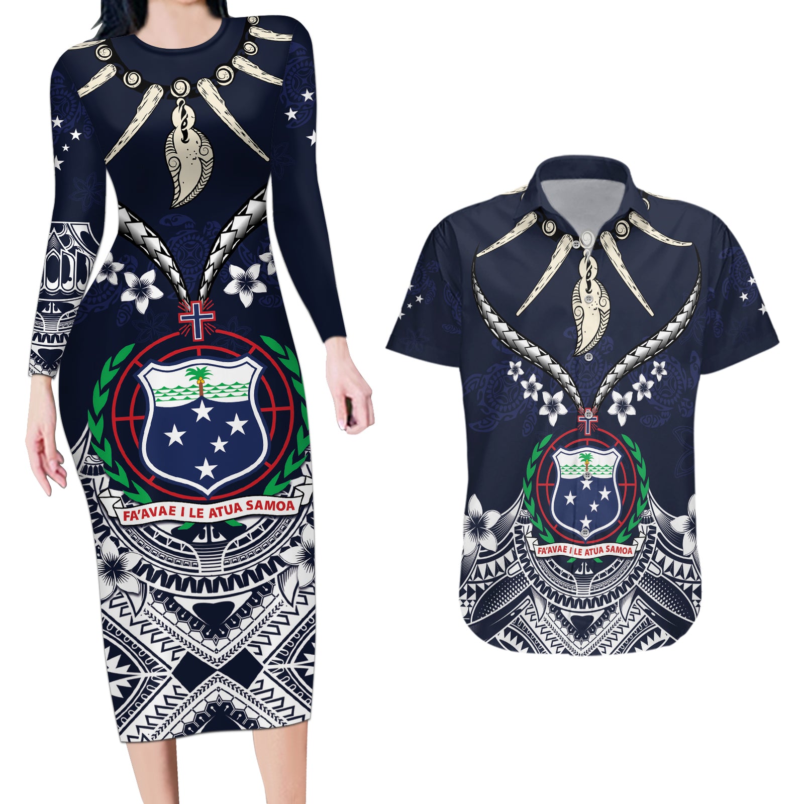 Samoa Independence Day Couples Matching Long Sleeve Bodycon Dress and Hawaiian Shirt Ula Nifo Mix Turtle LT01 Blue - Polynesian Pride