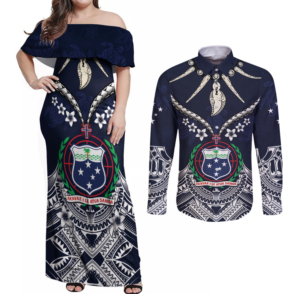 Samoa Independence Day Couples Matching Off Shoulder Maxi Dress and Long Sleeve Button Shirt Ula Nifo Mix Turtle LT01 Blue - Polynesian Pride