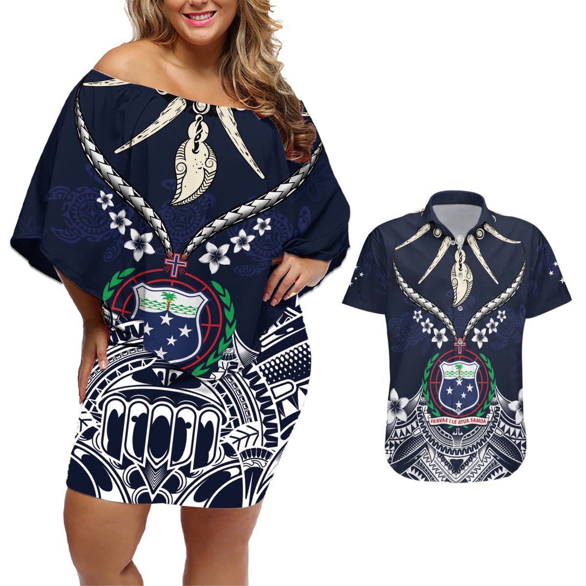 Samoa Independence Day Couples Matching Off Shoulder Short Dress and Hawaiian Shirt Ula Nifo Mix Turtle LT01 Blue - Polynesian Pride