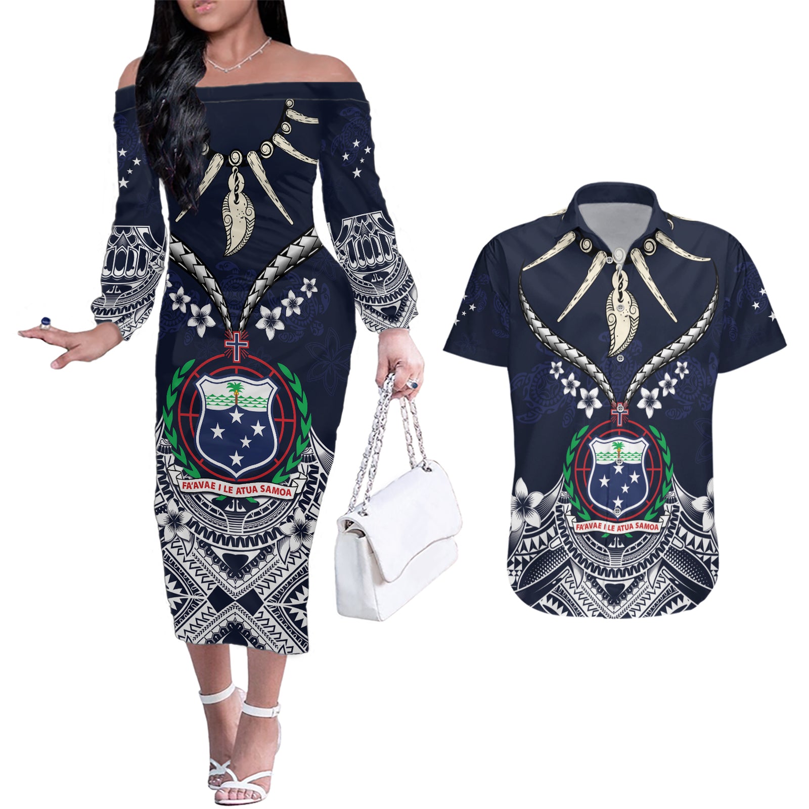 Samoa Independence Day Couples Matching Off The Shoulder Long Sleeve Dress and Hawaiian Shirt Ula Nifo Mix Turtle LT01 Blue - Polynesian Pride