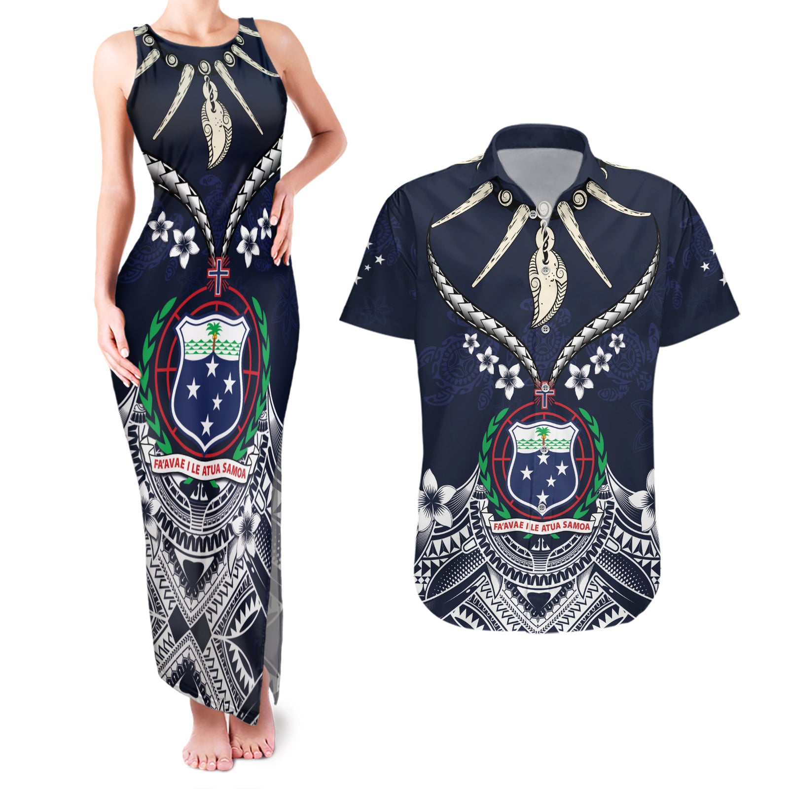 Samoa Independence Day Couples Matching Tank Maxi Dress and Hawaiian Shirt Ula Nifo Mix Turtle LT01 Blue - Polynesian Pride