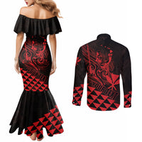 Personalized King Kamehameha Day Couples Matching Mermaid Dress and Long Sleeve Button Shirt Kakau Polynesian Pattern
