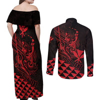 Personalized King Kamehameha Day Couples Matching Off Shoulder Maxi Dress and Long Sleeve Button Shirt Kakau Polynesian Pattern