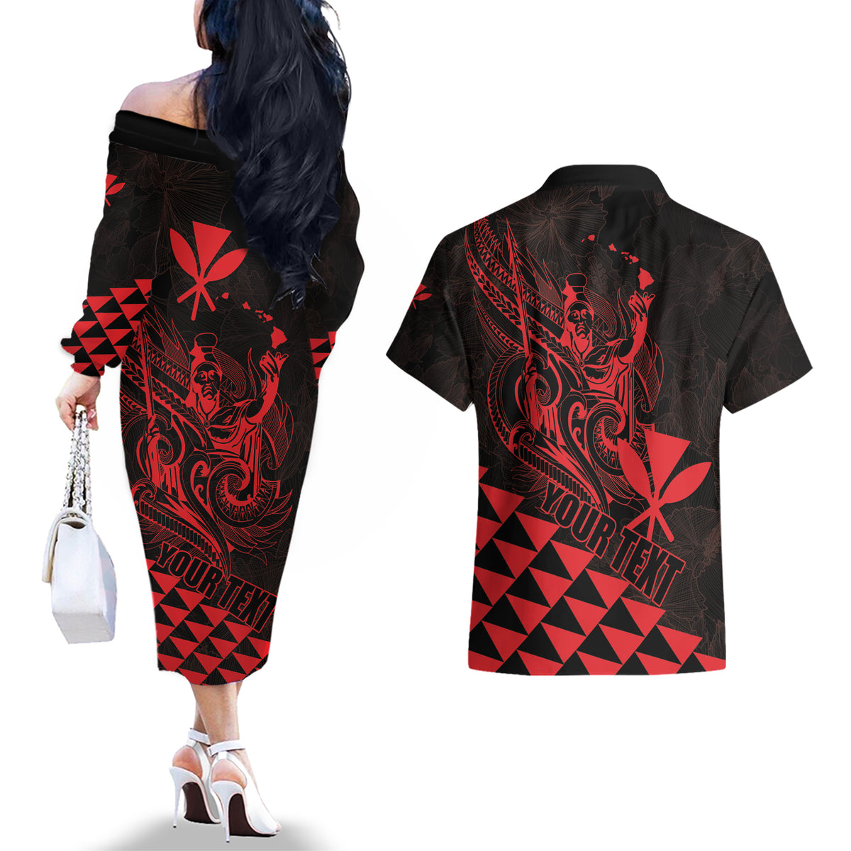 Personalized King Kamehameha Day Couples Matching Off The Shoulder Long Sleeve Dress and Hawaiian Shirt Kakau Polynesian Pattern