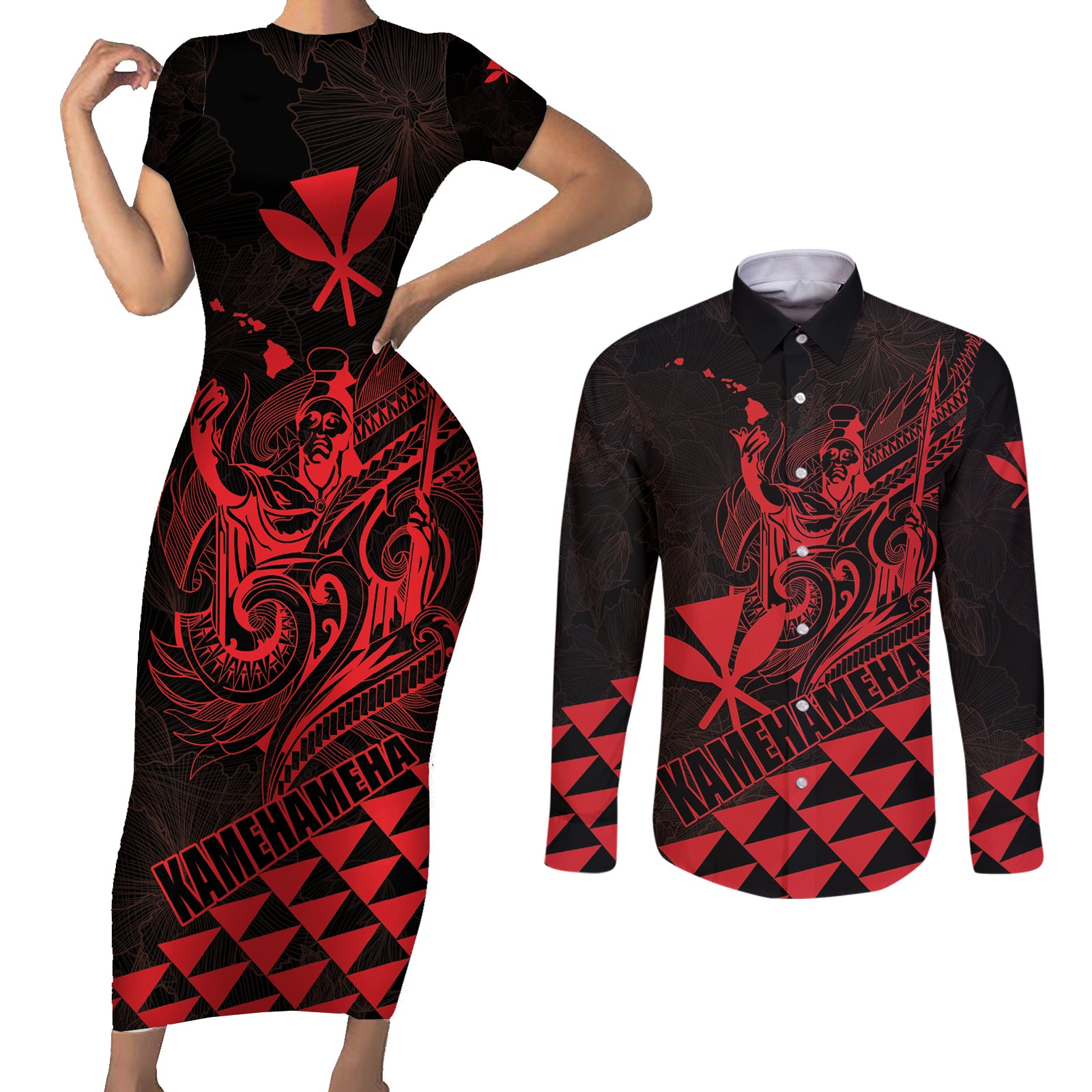 Personalized King Kamehameha Day Couples Matching Short Sleeve Bodycon Dress and Long Sleeve Button Shirt Kakau Polynesian Pattern LT01 Red - Polynesian Pride