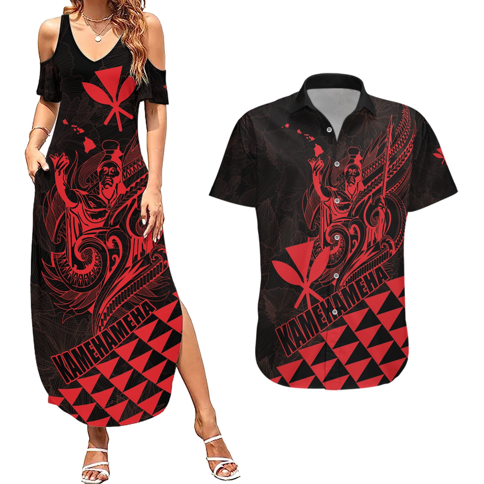 Personalized King Kamehameha Day Couples Matching Summer Maxi Dress and Hawaiian Shirt Kakau Polynesian Pattern