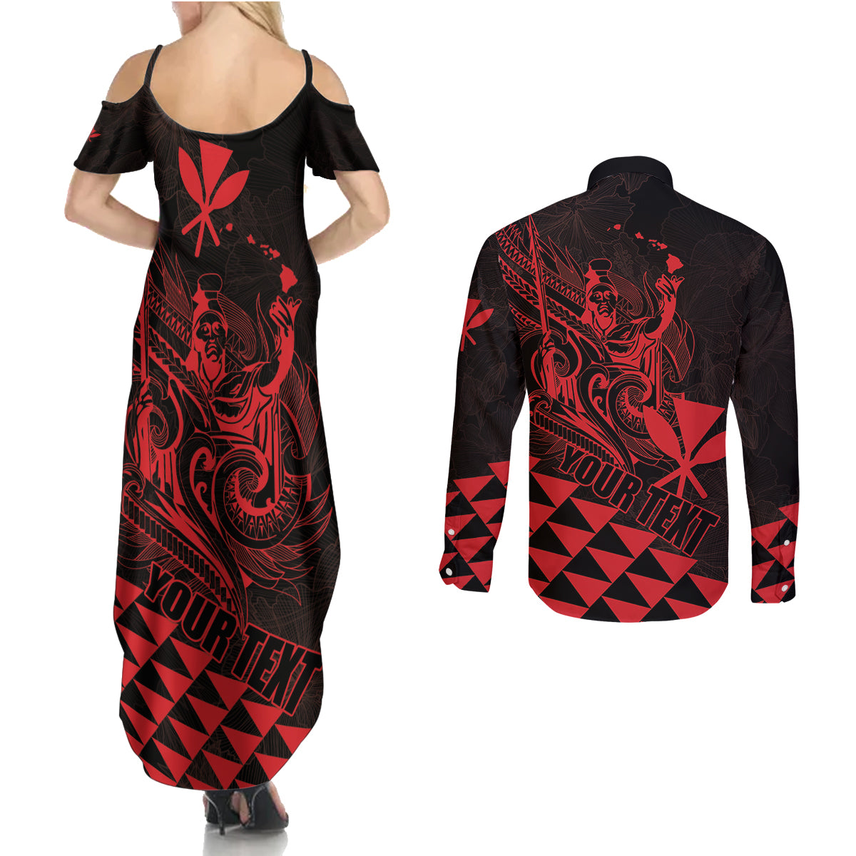 Personalized King Kamehameha Day Couples Matching Summer Maxi Dress and Long Sleeve Button Shirt Kakau Polynesian Pattern