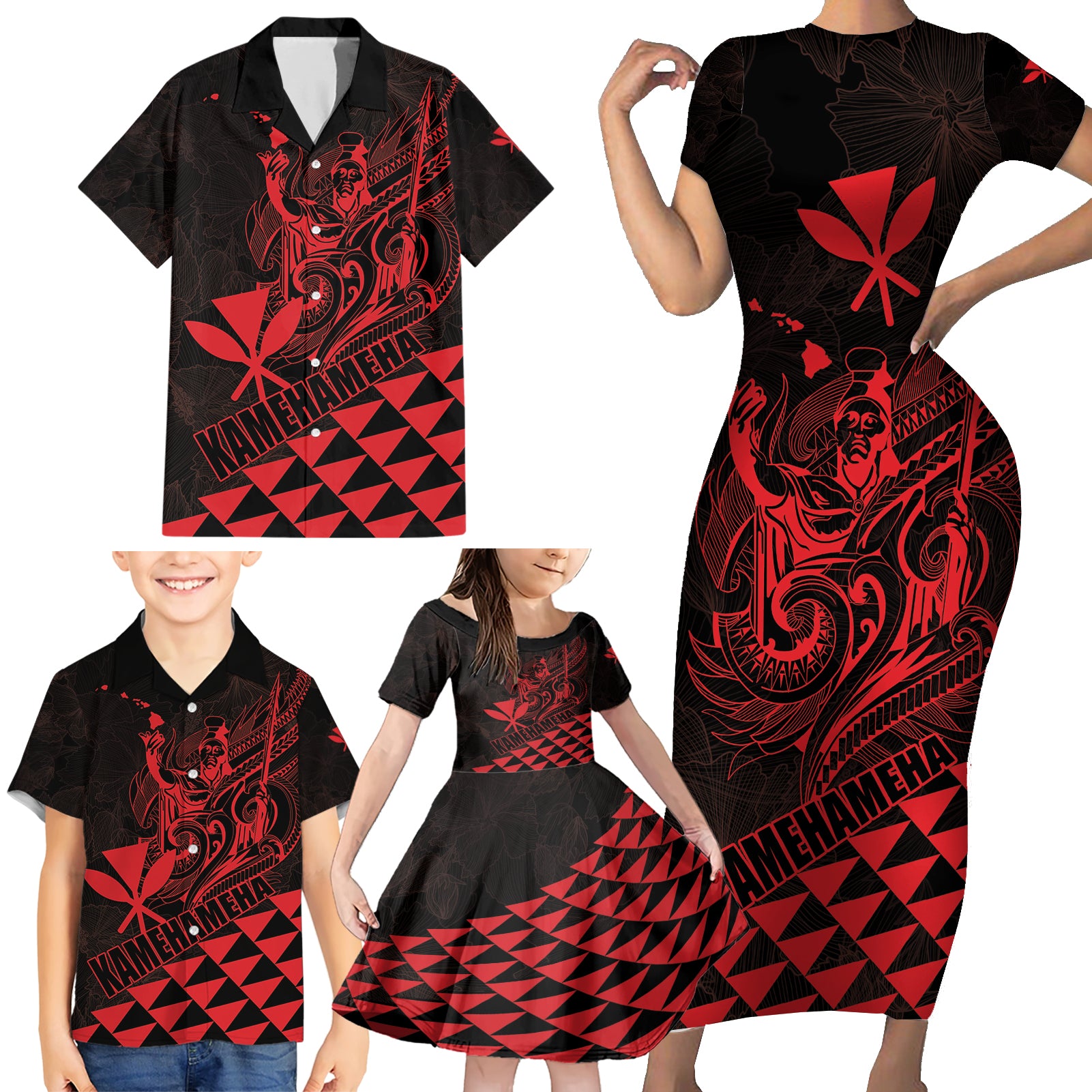 Personalized King Kamehameha Day Family Matching Short Sleeve Bodycon Dress and Hawaiian Shirt Kakau Polynesian Pattern