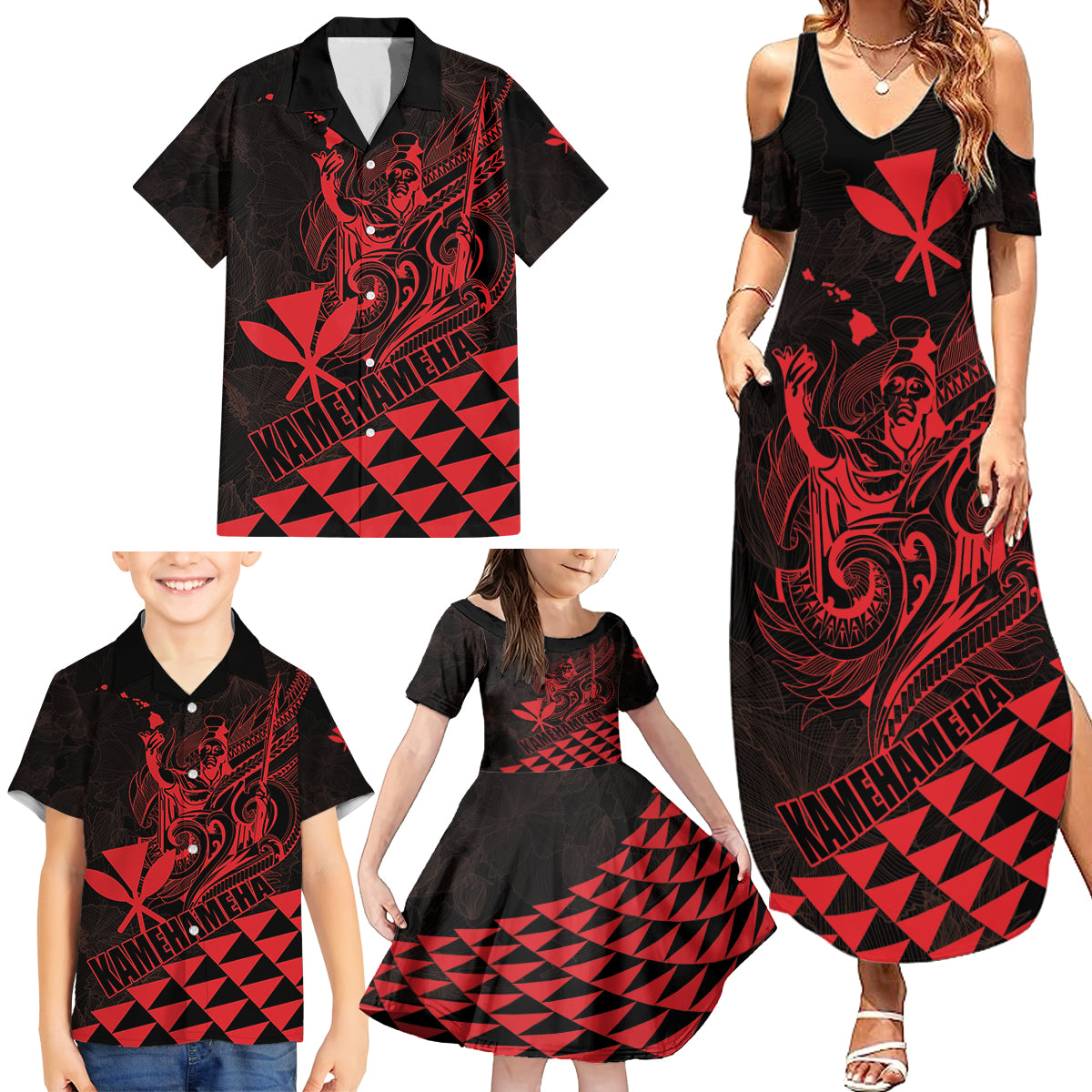 Personalized King Kamehameha Day Family Matching Summer Maxi Dress and Hawaiian Shirt Kakau Polynesian Pattern