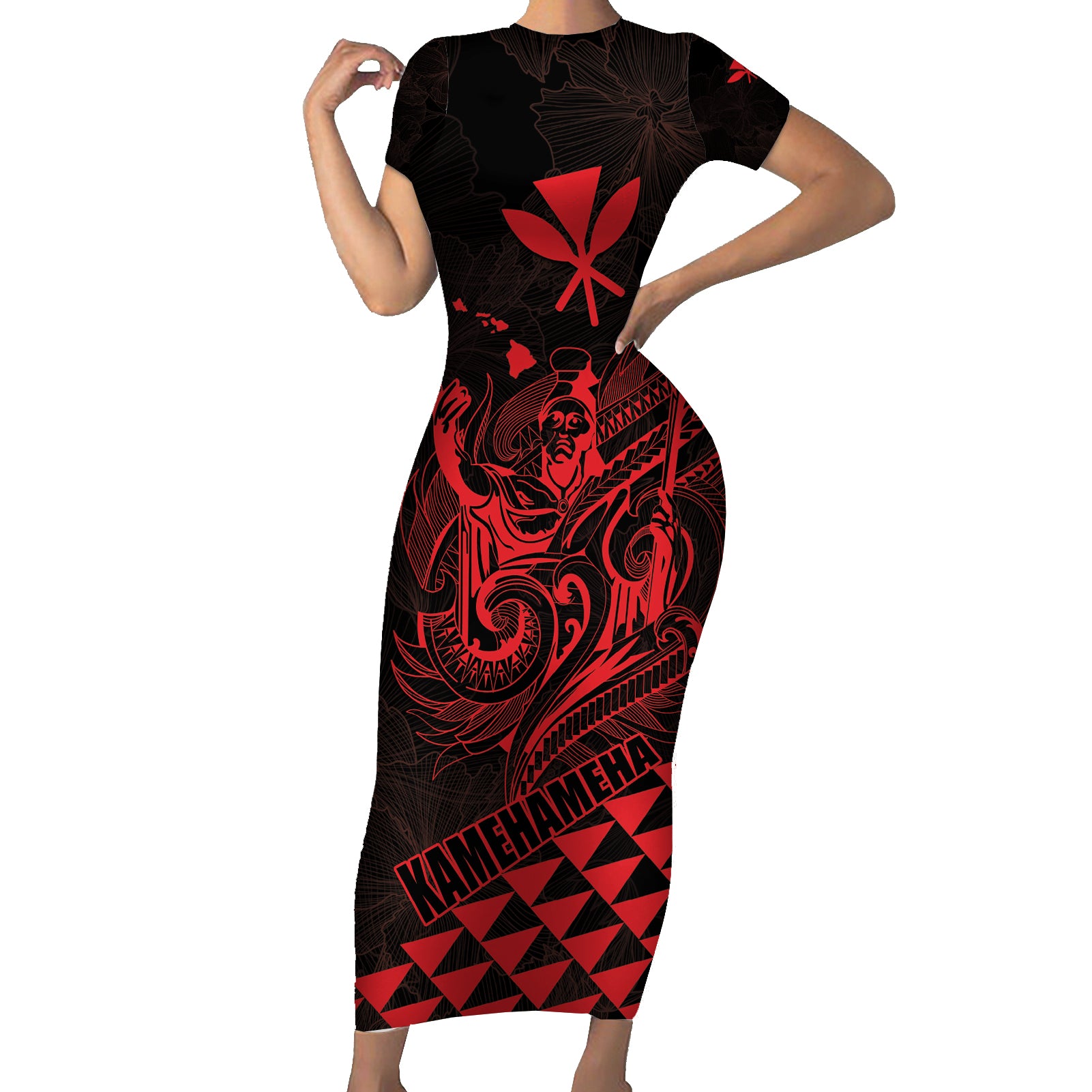 Personalized King Kamehameha Day Short Sleeve Bodycon Dress Kakau Polynesian Pattern