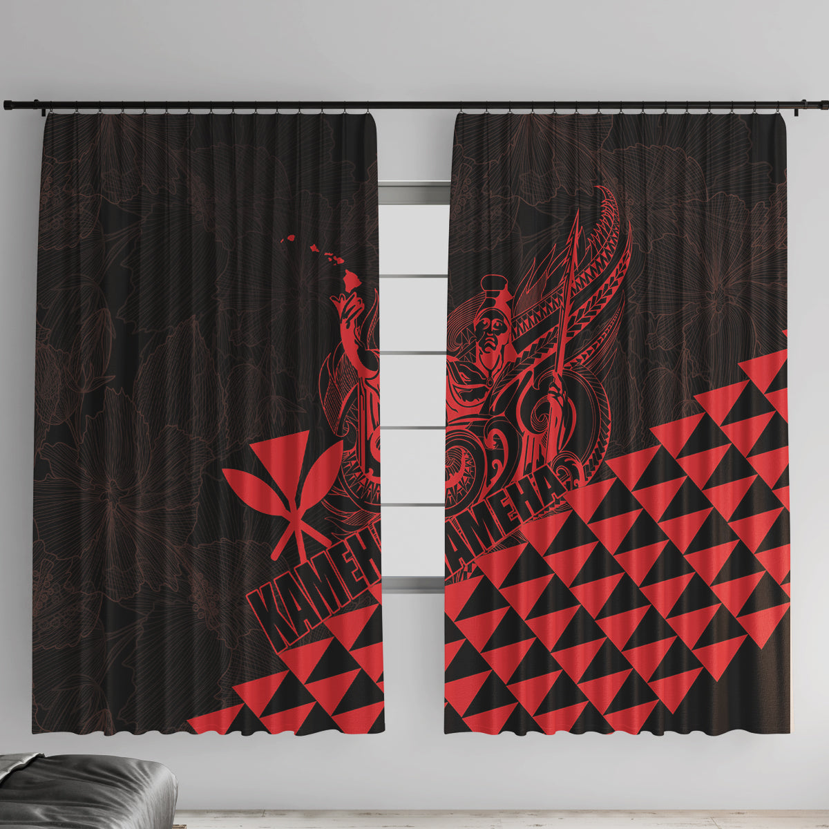 King Kamehameha Day Window Curtain Kakau Polynesian Pattern LT01 With Hooks Red - Polynesian Pride