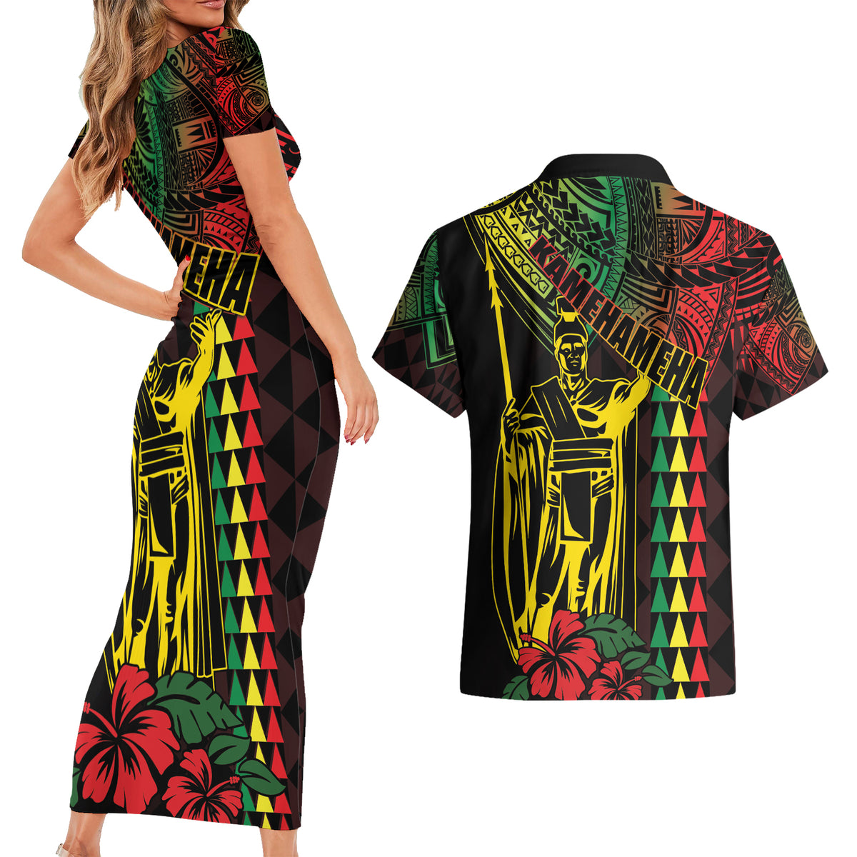 King Kamehameha Day Couples Matching Short Sleeve Bodycon Dress and Hawaiian Shirt Hawaii Kakau Reggae