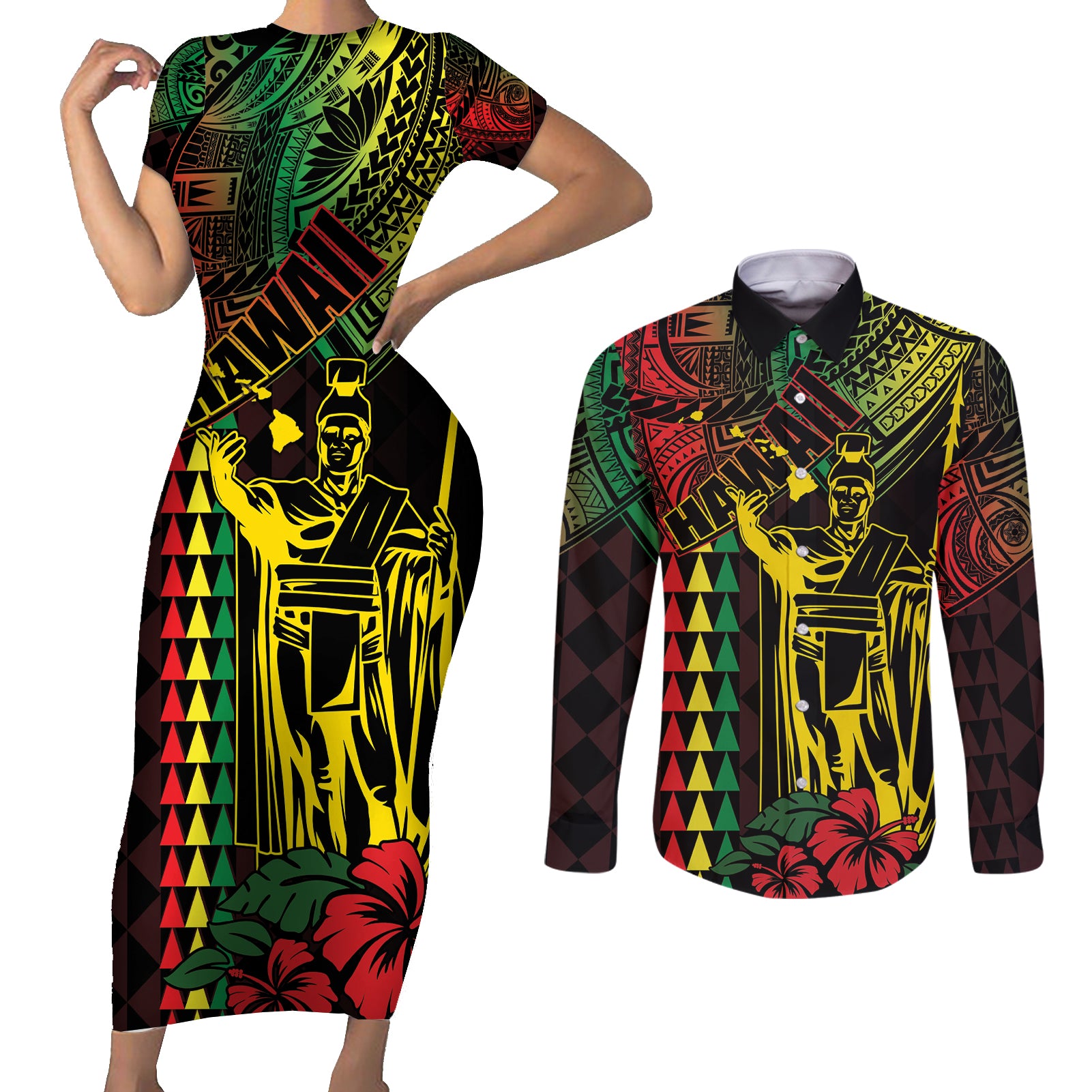 King Kamehameha Day Couples Matching Short Sleeve Bodycon Dress and Long Sleeve Button Shirt Hawaii Kakau Reggae