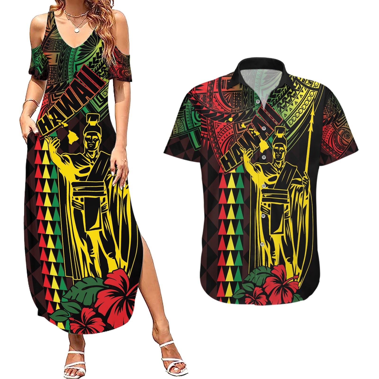 King Kamehameha Day Couples Matching Summer Maxi Dress and Hawaiian Shirt Hawaii Kakau Reggae