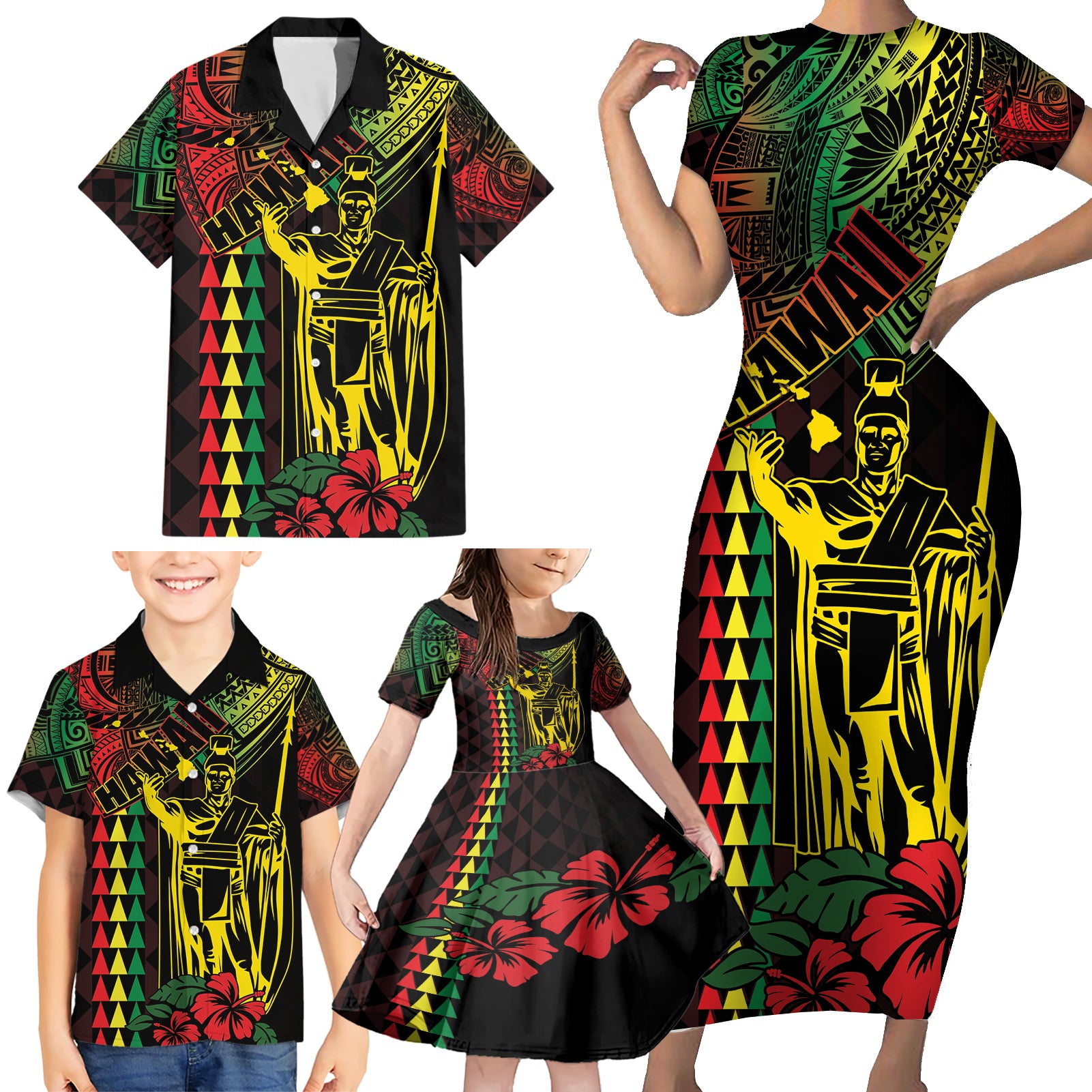 King Kamehameha Day Family Matching Short Sleeve Bodycon Dress and Hawaiian Shirt Hawaii Kakau Reggae