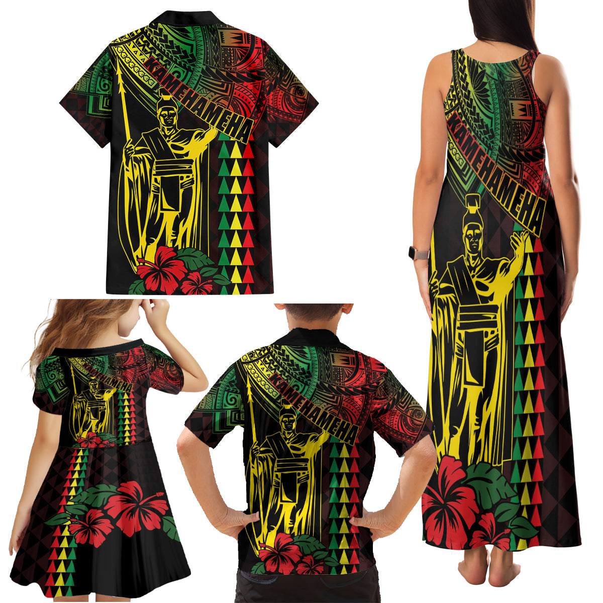 King Kamehameha Day Family Matching Tank Maxi Dress and Hawaiian Shirt Hawaii Kakau Reggae
