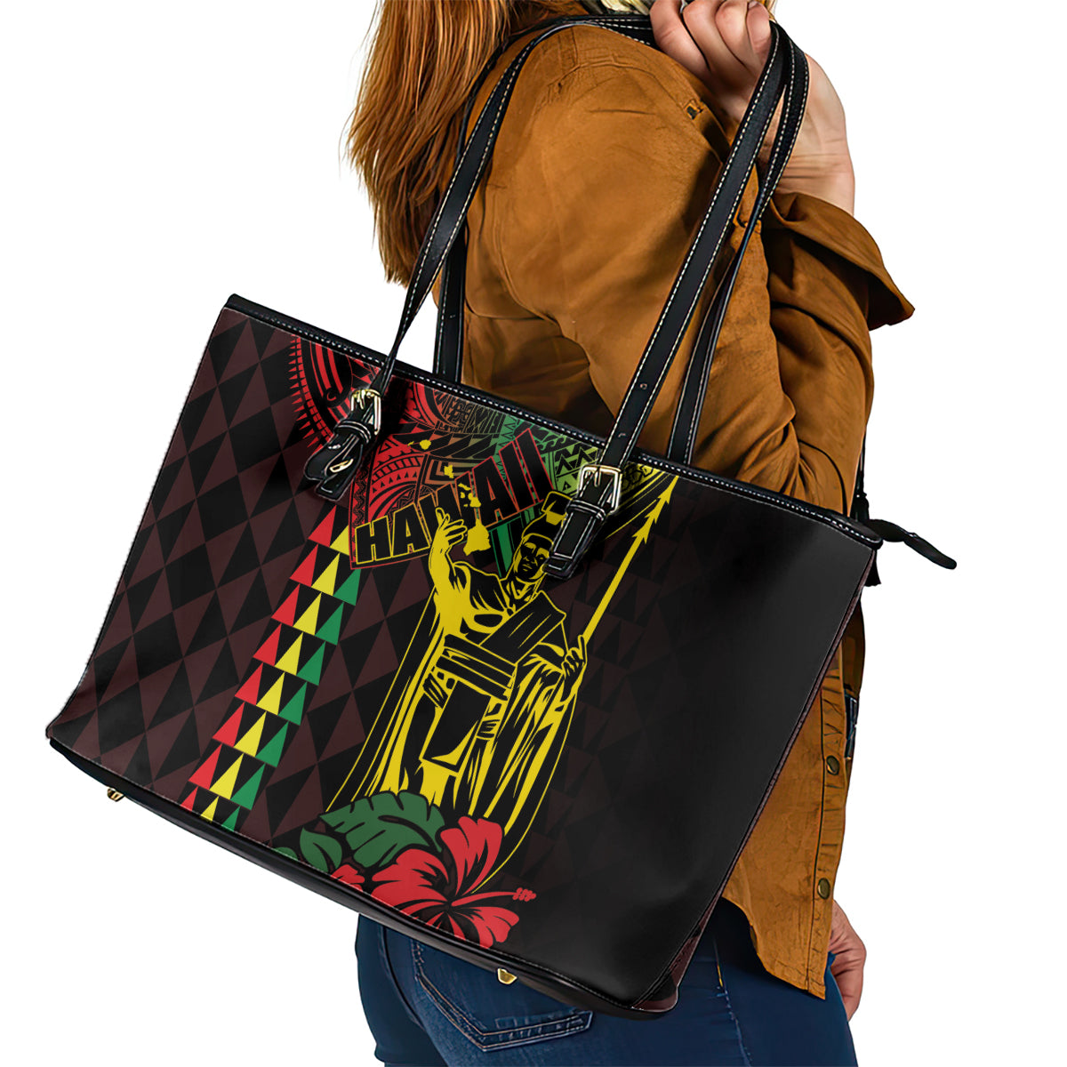 King Kamehameha Day Leather Tote Bag Hawaii Kakau Reggae