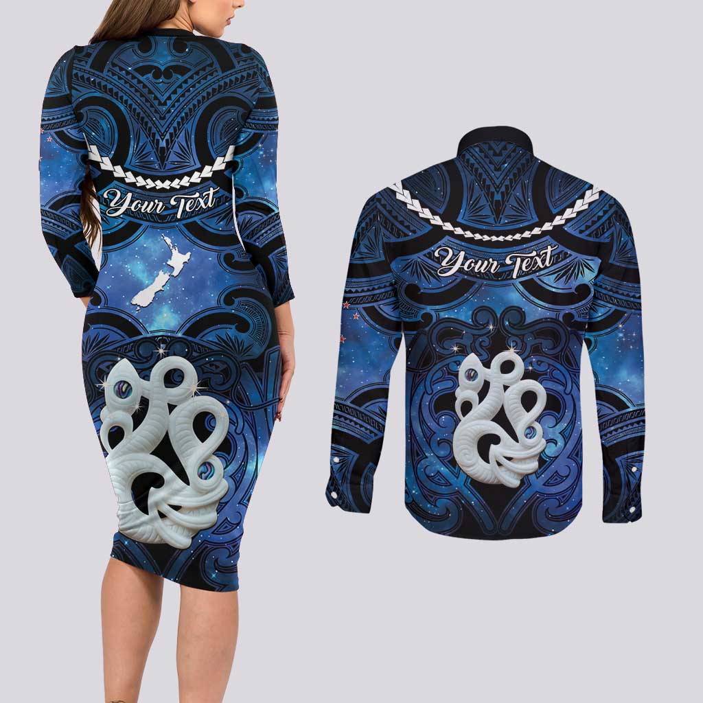 Personalized Maori Matariki Manaia Couples Matching Long Sleeve Bodycon Dress and Long Sleeve Button Shirt Maori Kowhaiwhai Pattern Galaxy