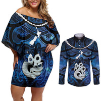 Personalized Maori Matariki Manaia Couples Matching Off Shoulder Short Dress and Long Sleeve Button Shirt Maori Kowhaiwhai Pattern Galaxy LT01 Blue - Polynesian Pride