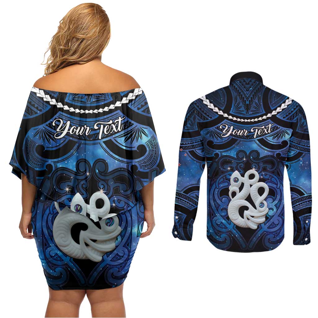 Personalized Maori Matariki Manaia Couples Matching Off Shoulder Short Dress and Long Sleeve Button Shirt Maori Kowhaiwhai Pattern Galaxy LT01 - Polynesian Pride